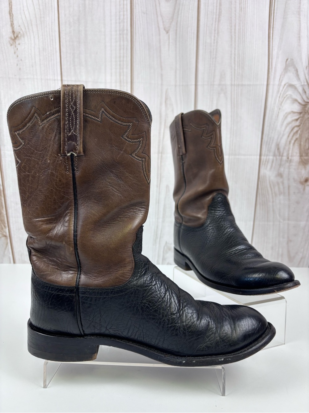 Vintage Lucchese 2000 Two-Tone Leather Western Cowboy Boots Black Brown Sz 8EE - Picture 2 of 16